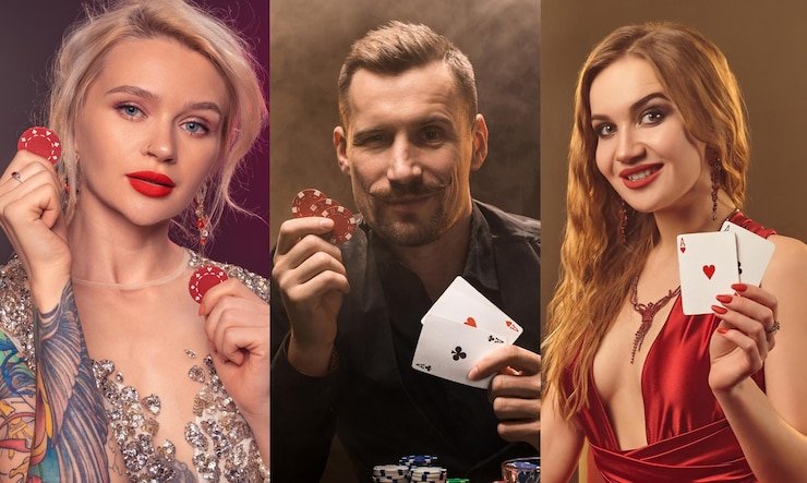 Live-dealer casino table with cards and betting chips